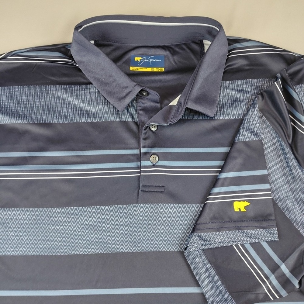 Jack Nicklaus Polo Shirt Mens XXL Blue Striped S/S Golf Golden Bear Logo EUC